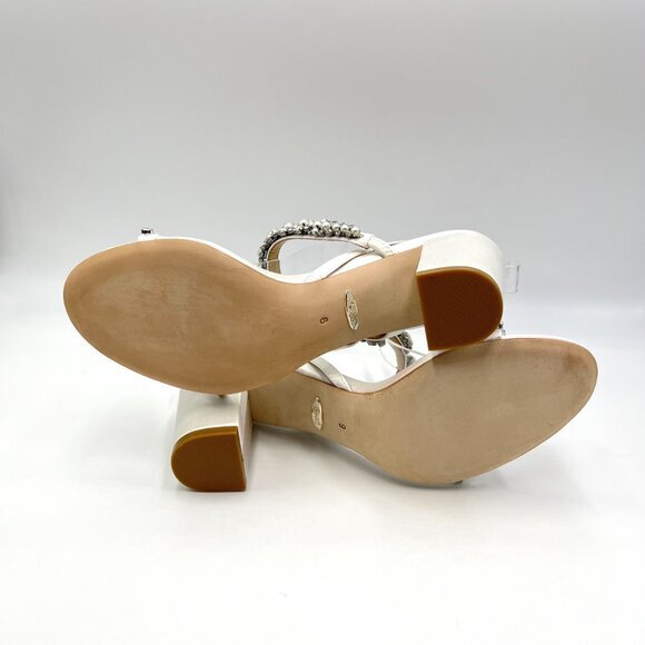 Badgley‎ Mischka Size 6 Natasha White Jeweled Pearl Block Heels Sandals Shoes - Picture 9 of 14